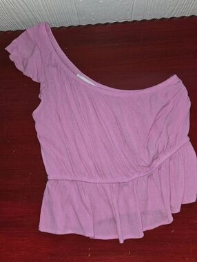 Pink Rose One Shoulder Ruffled Peplum Cap Sleeve Boho Pink Blouse Sz M